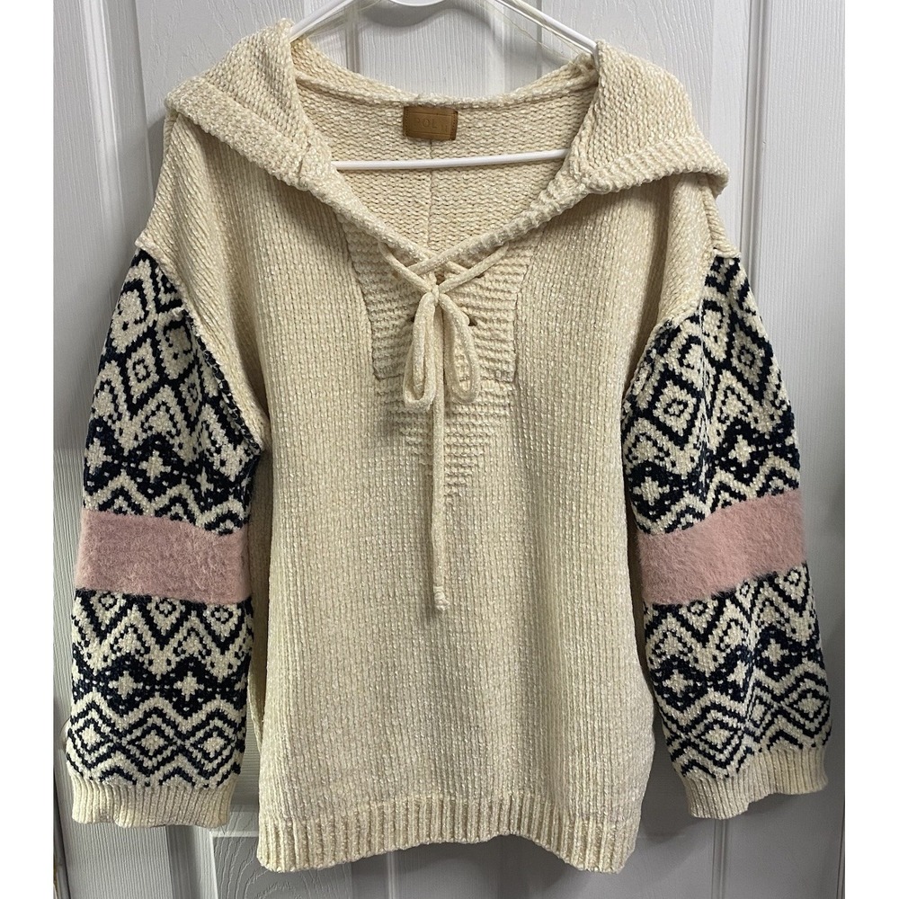 POL Women Chunky Knit Sweater Ivory/Blue/Pink Hoodie Hippie Boho Tie Chest M-XL